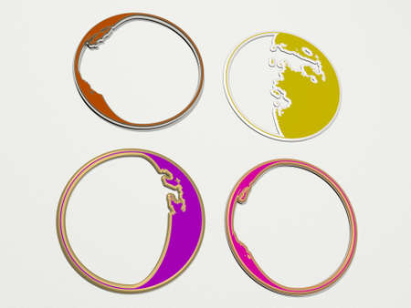 moon phase symbol from a perspective on the wall A thick sculpture made of metallic materials of 3D...