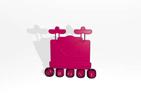 3D graphical image of DRONE vertically along with text built by metallic cubic letters from the top...