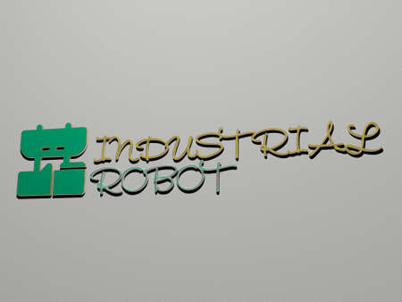3D representation of industrial robot with icon on the wall and text arranged by metallic cubic...