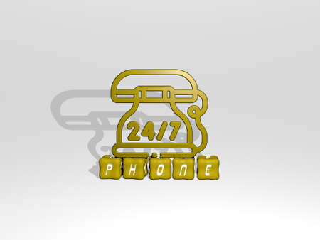 3D representation of phone with icon on the wall and text arranged by metallic cubic letters on a...