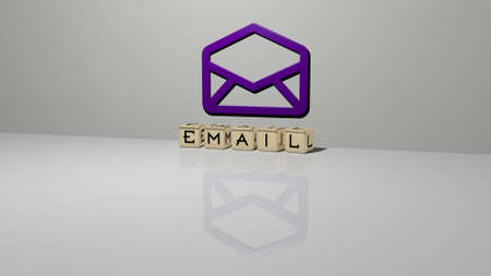 3D representation of EMAIL with icon on the wall and text arranged by metallic cubic letters on a...