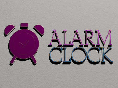 3D representation of alarm clock with icon on the wall and text arranged by metallic cubic letters on a mirror floor for concept meaning and slideshow presentation, 3D illustrationの写真素材