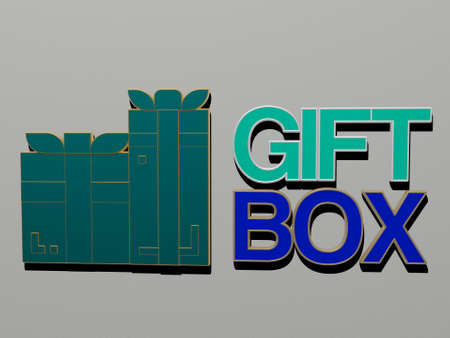 3D graphical image of GIFT BOX vertically along with text built by metallic cubic letters from the...