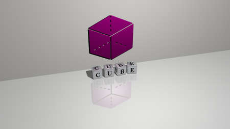 3D representation of CUBE with icon on the wall and text arranged by metallic cubic letters on a mirror floor for concept meaning and slideshow presentation, 3D illustrationの写真素材