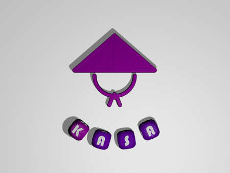 3D graphical image of kasa vertically along with text built around the icon by metallic cubic letters from the top perspective, excellent for the concept presentation and slideshows, 3D illustrationの写真素材