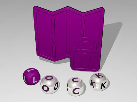 3D illustration of LOCK graphics and text around the icon made by metallic dice letters for the...