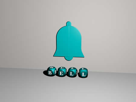 3D illustration of bell graphics and text made by metallic dice letters for the related meanings of...