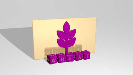 3D representation of wheat with icon on the wall and text arranged by metallic cubic letters on a...