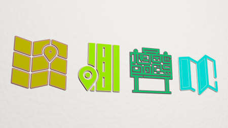 street map made by 3D illustration of a shiny metallic sculpture on a wall with light background, 3D illustrationの写真素材