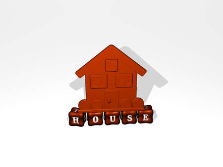 3D illustration of HOUSE graphics and text made by metallic dice letters for the related meanings of the concept and presentations, 3D illustrationの写真素材