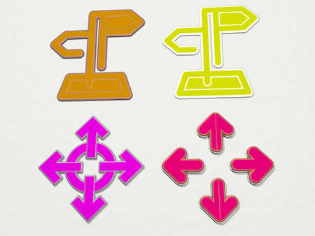 directional on the wall 3D illustration of metallic sculpture over a white background with mild...