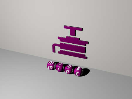 3D graphical image of MINE vertically along with text built by metallic cubic letters from the top perspective, excellent for the concept presentation and slideshows, 3D illustrationの写真素材