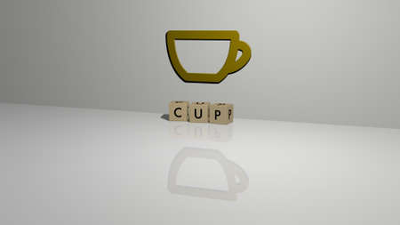 3D representation of CUP with icon on the wall and text arranged by metallic cubic letters on a mirror floor for concept meaning and slideshow presentation, 3D illustrationの写真素材