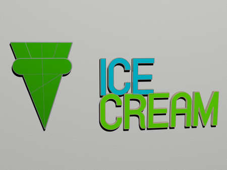 3D graphical image of ice cream vertically along with text built by metallic cubic letters from the top perspective, excellent for the concept presentation and slideshows, 3D illustrationの写真素材