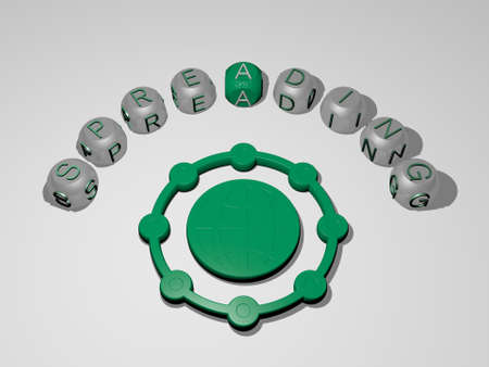 3D illustration of SPREADING graphics and text around the icon made by metallic dice letters for the...