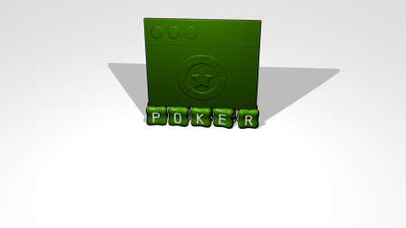 3D representation of poker with icon on the wall and text arranged by metallic cubic letters on a...