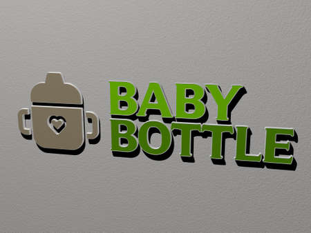 3D representation of baby bottle with icon on the wall and text arranged by metallic cubic letters on a mirror floor for concept meaning and slideshow presentation, 3D illustrationの写真素材