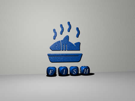 3D illustration of fish graphics and text made by metallic dice letters for the related meanings of...