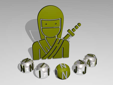 3D illustration of NINJA graphics and text around the icon made by metallic dice letters for the related meanings of the concept and presentations, 3D illustrationの写真素材