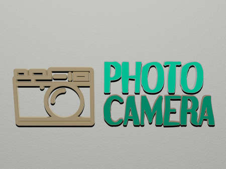 3D graphical image of photo camera vertically along with text built by metallic cubic letters from the top perspective, excellent for the concept presentation and slideshows, 3D illustrationの写真素材