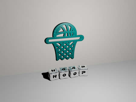 3D representation of HOOP with icon on the wall and text arranged by metallic cubic letters on a mirror floor for concept meaning and slideshow presentation, 3D illustrationの写真素材