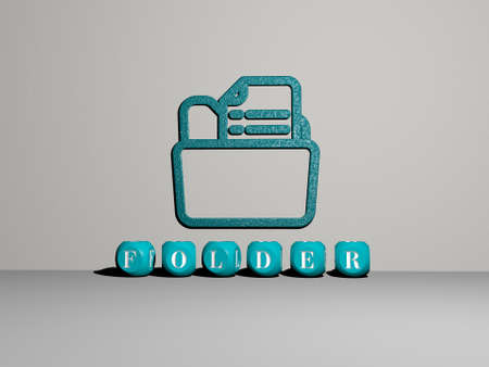 3D representation of folder with icon on the wall and text arranged by metallic cubic letters on a...