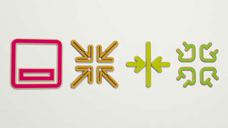 MINIMIZE from a perspective on the wall A thick sculpture made of metallic materials of 3D rendering, 3D illustrationの写真素材