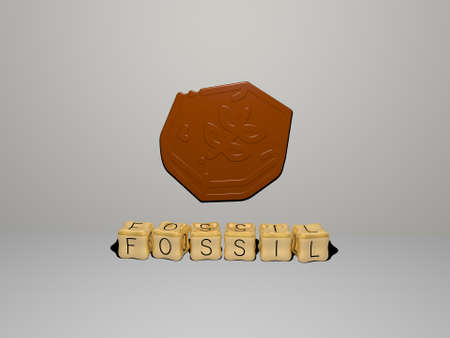 3D graphical image of FOSSIL vertically along with text built by metallic cubic letters from the top...