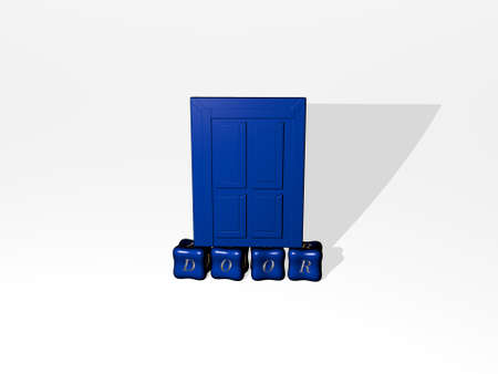 3D representation of door with icon on the wall and text arranged by metallic cubic letters on a...
