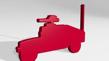 MILITARY VEHICLE made by 3D illustration of a shiny metallic sculpture with the shadow on light...