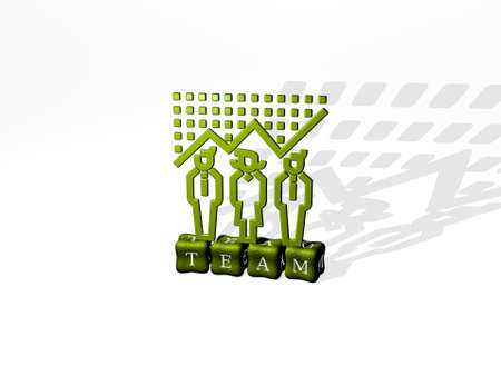 3D graphical image of TEAM vertically along with text built by metallic cubic letters from the top...