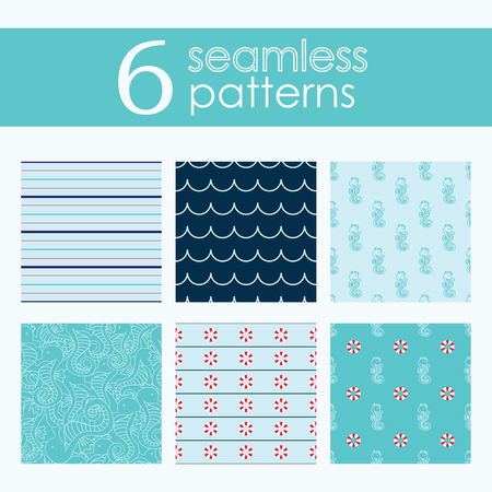 Set of six vector seamless patterns with lifebuoy, waves, stripes and seahorseのイラスト素材