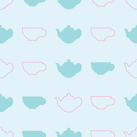 Pastel blue and pink Teapot and cup vector seamless Pattern on light blue background.のイラスト素材