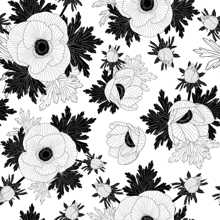 Seamless floral pattern with beautiful black and white anemone flowers . Vector illustration.のイラスト素材