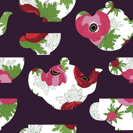Decorative vector seamless pattern with teacup sand teapots in white, red, pink and colors colors on dark purple backdropのイラスト素材