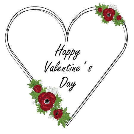 Floral Heart frame with red anemone and green leaves. Vector illustration. Valentine s day card.のイラスト素材