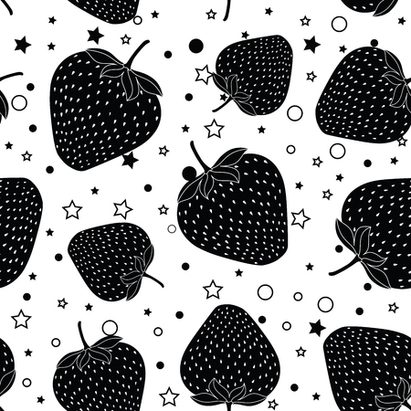 Vector black strawberries , stars and circles spring summer repeat pattern background. Great as a textile print, party invitation or packaging.のイラスト素材