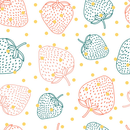 Vector multicolor line strawberries spring summer repeat pattern background. Petrol red and pink strawberries. Surface pattern.のイラスト素材