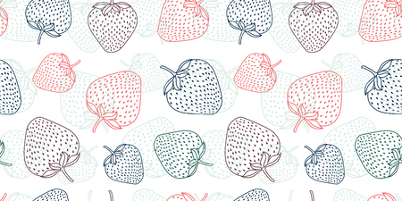 Vector multicolor line strawberries spring summer repeat pattern background. Red, purple, blue and green strawberries. Surface pattern.のイラスト素材