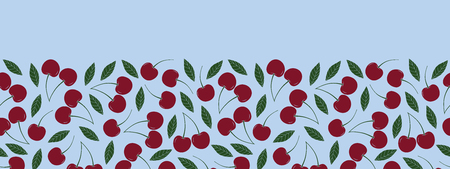 Wine red cherry and green leaf on light blue background. Vector seamless repeat pattern. Surface pattern.のイラスト素材