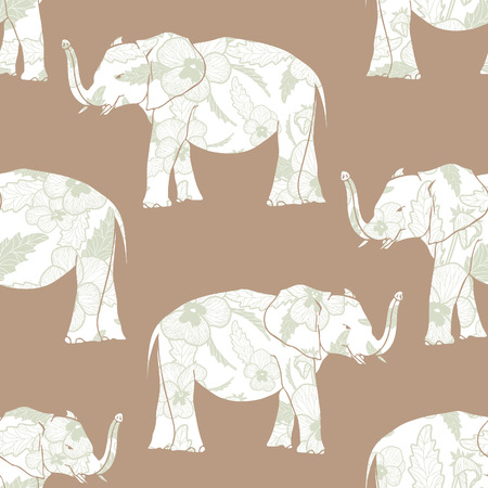 Seamless pattern with hand drawn elephant silhouettes vector illustration. Sage flowers on beige background.のイラスト素材