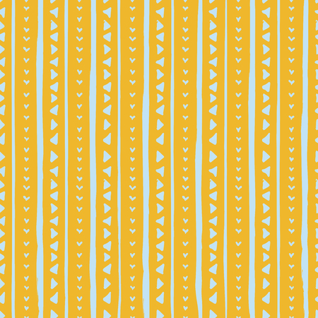 Decorative repeat seamless pattern with hand drawn lines and triangles. Hand painted blue stripes and triangles on yellow background. Trendy endless texture for digital paper, fabric, backdrops, wrappingのイラスト素材