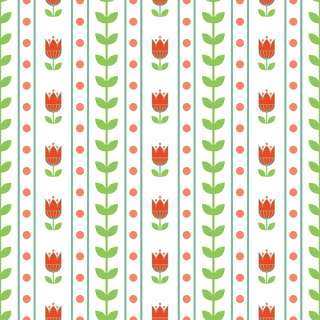 Vector repeat seamless pattern. Stripes, flowers, leaves and dots on white background. Blue, green, pink and red illustration. Surface pattern.のイラスト素材