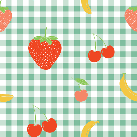 Multicolor seamless vector pattern with green, pink and yellow strawberries, bananas and cherries on blue checkered background. Surface pattern design. Summer fruits.のイラスト素材