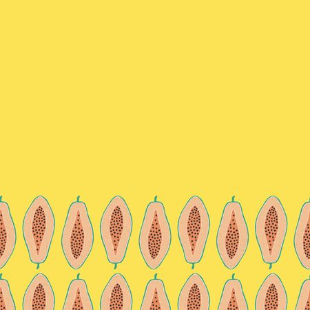 Pop papaya repeat seamless horizontal border. Yellow background.のイラスト素材