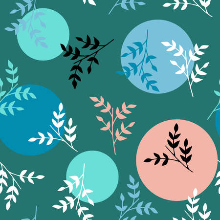 Vector seamless pattern with small branches and circles. Can be used for holiday giftwrap, fabric, wallpaper, stationery, packaging.のイラスト素材