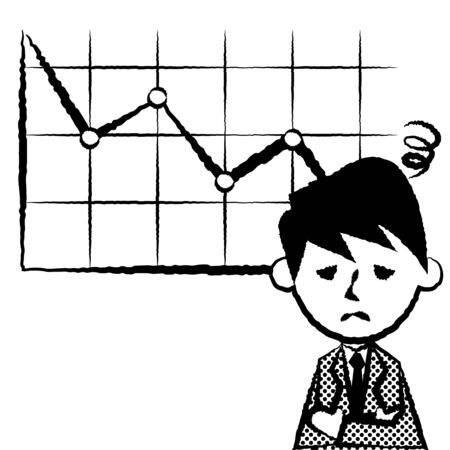 Office worker and graph down. Male office worker in suit. Vector illustration.のイラスト素材