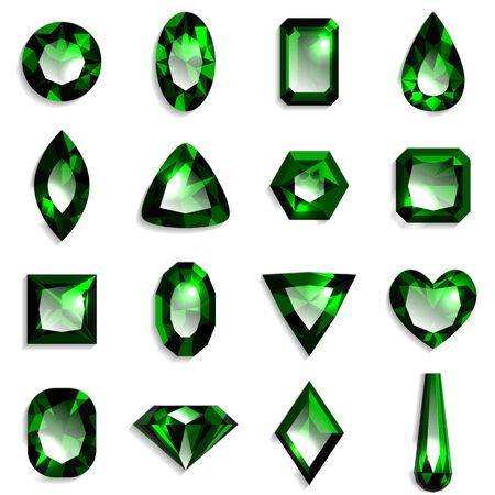 Set of green gemstones of various shapes. Jewels on white background. Vector illustration.のイラスト素材