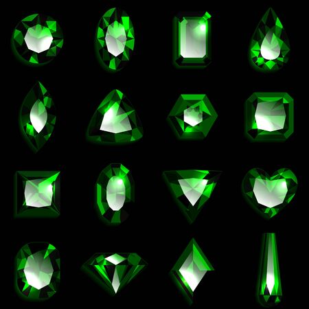 Set of green gemstones of various shapes. Jewels on black background. Vector illustration.のイラスト素材