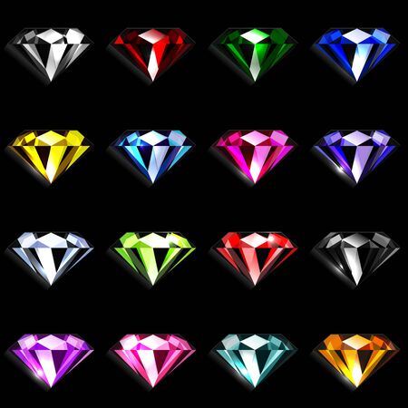 Set of colorful brilliant cut gemstones. Jewels on black background. Vector illustration.のイラスト素材